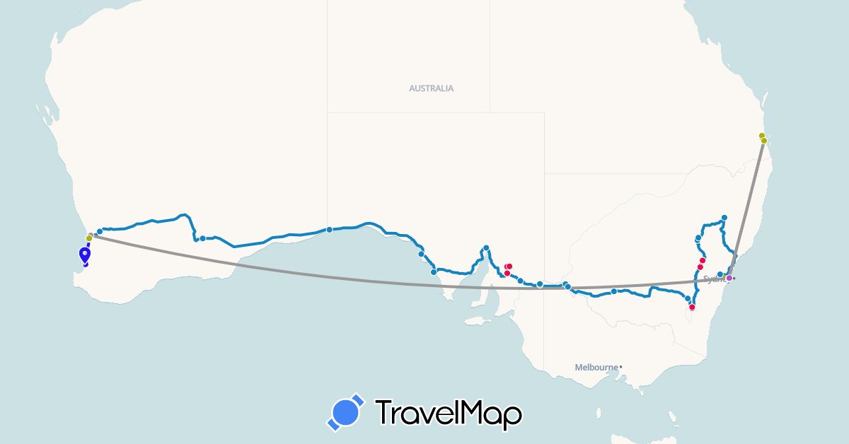 TravelMap itinerary: driving, plane, train, suzuki, monte carlo, other vehicle, bravo ute in Australia (Oceania)
