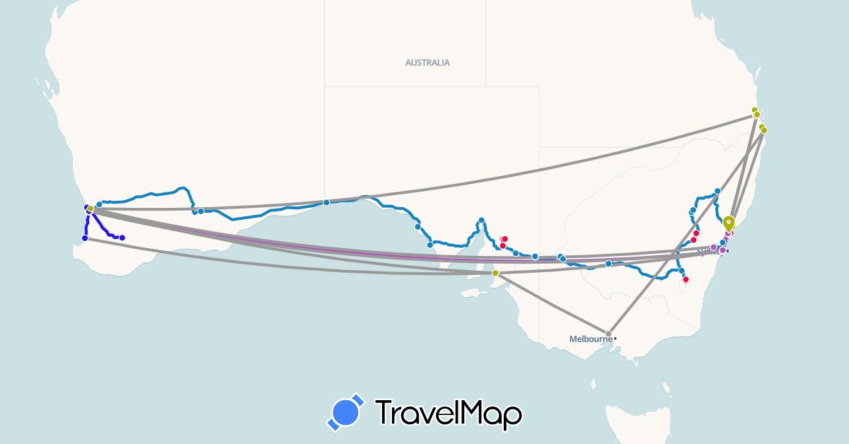 TravelMap itinerary: driving, plane, train, suzuki, monte carlo, other vehicle, bravo ute in Australia (Oceania)